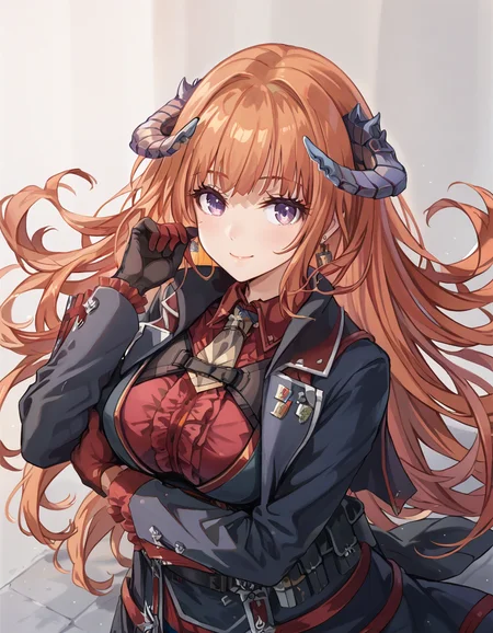 (masterpiece), (best quality), (ultra-detailed), masterpiece, score_9, score_8_up, score_7_up, source_anime BREAK, illustration, disheveled hair, detailed eyes, perfect composition, moist skin, intricate details, earrings, by wlop, Volumetric Lighting, masterpiece, score_9, score_8_up, score_7_up, source_anime BREAK, light depth, dramatic atmospheric lighting, Volumetric Lighting, Bagpipe, very long hair, orange hair, purple eyes, bagpipe_horns, large breasts BREAK, RGuard,RG_shirt, RG_gloves,BREAK, detailed fingers, smile, cowboy shot,upper body,from side, from above,hand up