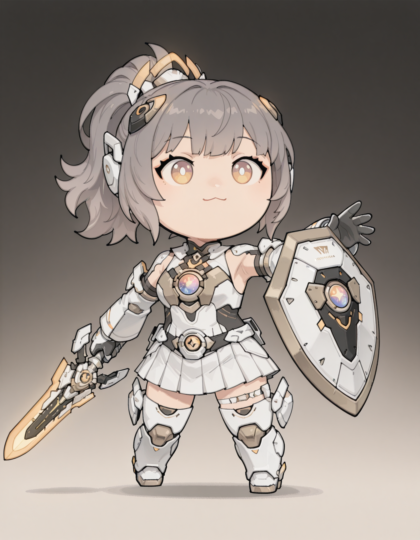 <lora:mai_pgr_nanami_mxzj:0.6>,mai_pgr_nanami_mxzj,1girl,solo,breasts,looking_at_viewer,skirt,gloves,thighhighs,holding,closed_mouth,yellow_eyes,grey_hair,ponytail,weapon,pleated_skirt,boots,sword,holding_weapon,thigh_strap,holding_sword,thigh_boots,headgear,white_skirt,science_fiction,shield,joints,mecha_musume,robot_joints,holding_shield,mechanical_legs,armpit_cutout,
<lora:T00CUT3_IXL:1>,no humans,t00cut3,chibi,