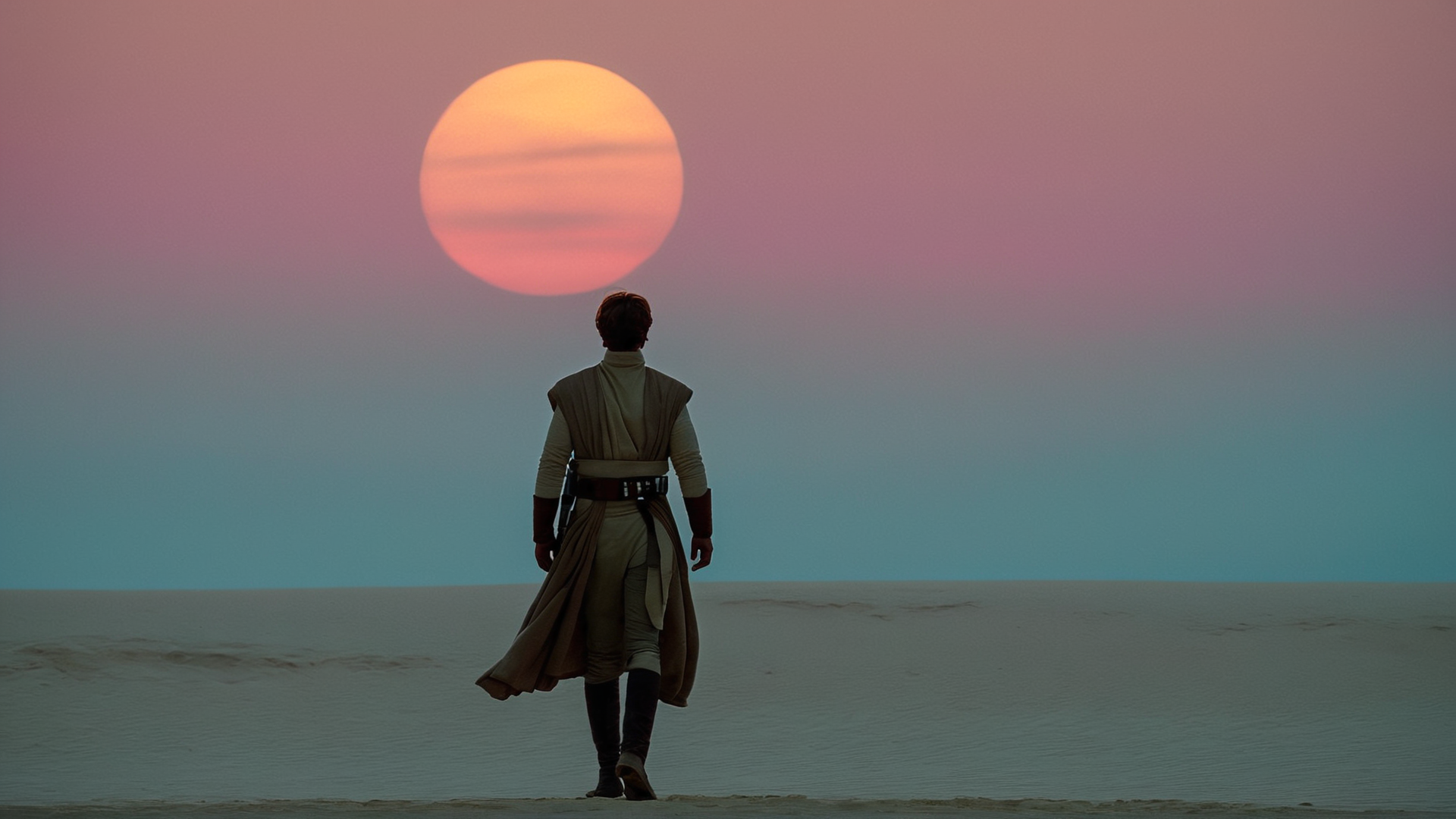 cinematic film still of  <lora:star wars style:0.2>
<lora:detailed:0.4> detailed
<lora:perfection style:0.4> perfect
<lora:PerfectEyesXL:0.5>
 <lora:Chiaroscuro Lighting Style:0.3>
 <lora:Tatooine:0.9>
Tatooine a man standing in the desert looking at the two different suns in sky,in star wars style,solo,black hair,standing,male focus,outdoors,sky,pants,from behind,ocean,formal,moon,suit,scenery,walking,sun,horizon,wide shot,pink sky, shallow depth of field, vignette, highly detailed, high budget, bokeh, cinemascope, moody, epic, gorgeous, film grain, grainy