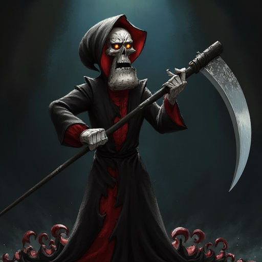 A hyper-realistic Grim, his skeletal face detailed with cracks and glowing eye sockets, holding his scythe with a look of pure, comedic exasperation. His robe is tattered and slightly dusty, and he’s standing in a dimly lit, moody setting with a single spotlight on him. The contrast between his realistic, eerie appearance and his hilariously grumpy expression creates a funny yet epic vibe