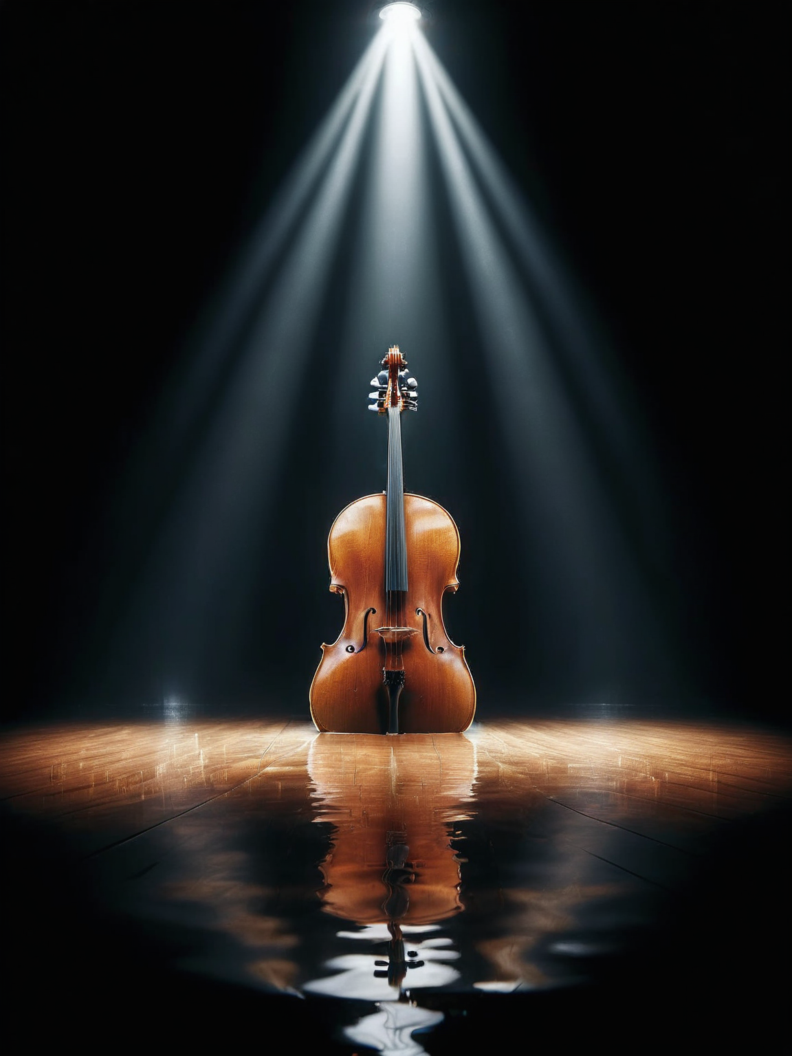 ais-fld a solitary cello resting on a grand stage under a spotlight <lora:Flooded_SDXL:1>