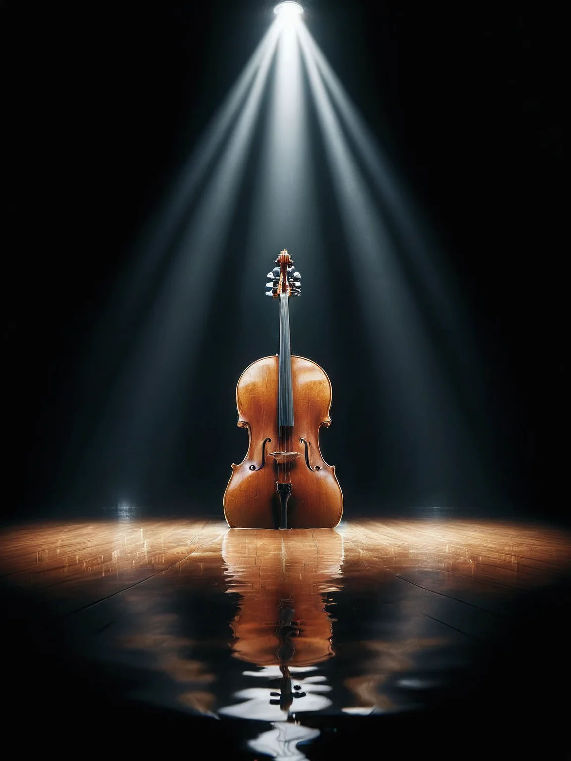ais-fld a solitary cello resting on a grand stage under a spotlight <lora:Flooded_SDXL:1>