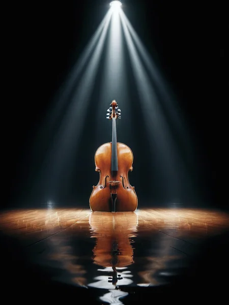 ais-fld a solitary cello resting on a grand stage under a spotlight <lora:Flooded_SDXL:1>