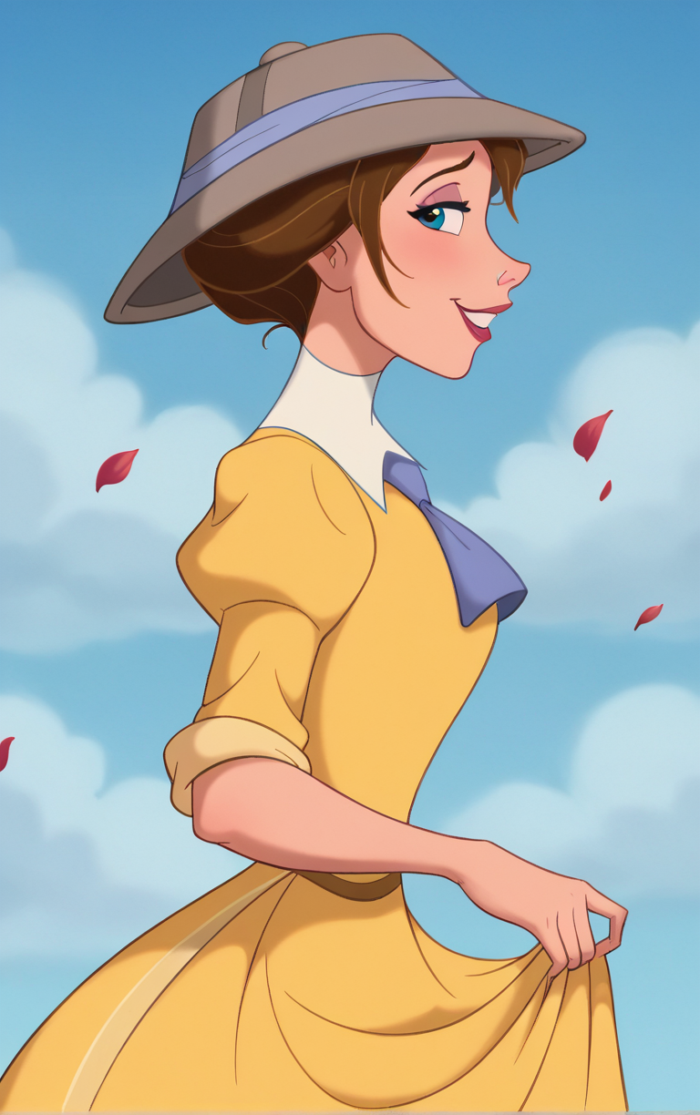 score_9, score_8_up, score_7_up, looking at viewer,  BREAK
HatDress_JanePorter_ownwaifu, 
1girl, blue eyes, breasts, brown hair, narrow waist, short hair, makeup, lipstick, 
belt, blue ascot, brown headwear, hat, sleeves rolled up, turtleneck, white gloves, yellow dress, puffy sleeves, juliet sleeves, necktie, shirt, ascot, dress, blue necktie,
(contrapposto, from side, looking down, cowboy shot), falling petals, red petals, simple background, bokeh,  <lora:PONYXL_Tarzan_JanePorter_ownwaifu:0.85>, solo,