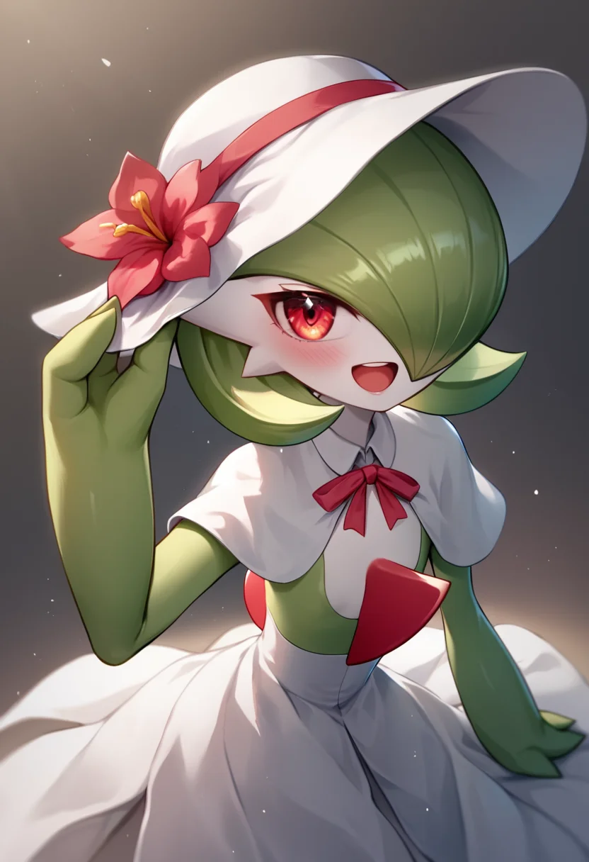 score_9, score_8_up, score_7_up, <lora:gardevoir:1>ï¼1girl, adjusting_headwear, arm_up, blush, bob_cut, bonnet, clothed_pokemon, commentary_request, flat_chest, gardevoir_\(fashionable\), green_hair, green_skin, hair_over_one_eye, happy, hat_flower, heart, highres, looking_at_viewer, one_eye_covered, open_mouth, partial_commentary, red_eyes, red_flower, red_trim, short_hair, smile, solo, two-tone_skin, white_capelet, white_hat, white_skin