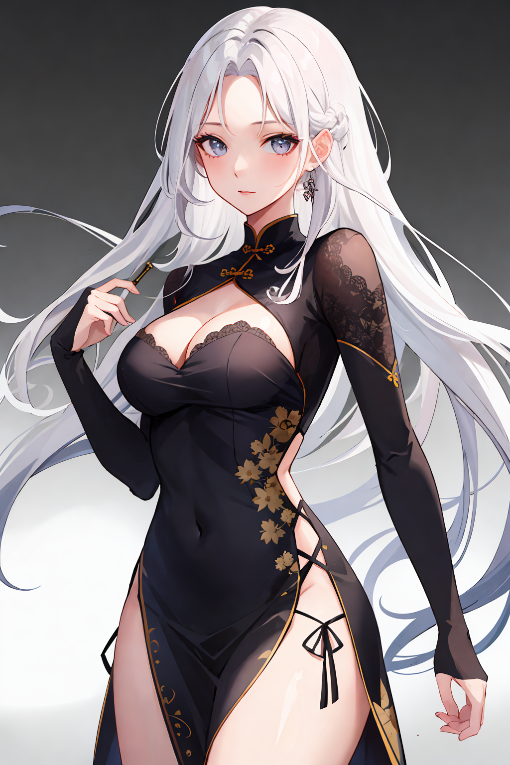 1girl,moyou,forehead,white hair,long hair,solid background,china_dress,