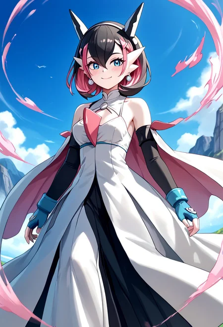 score_4,score_5,score_6,score_7_up,score_8_up,score_9 ((masterpiece,best quality,ultra detailed,highres,HD,4k:1.2)),
1 girl,solo,face focus,
((Hair between the eyes,gardevoir, pokemon_\(creature\),two-tone skin, white skin,green_skin))
short hair,black hair,multicolored hair,Inner color pink hair,blue eyes,tattoo,black head gear,earrings,very small breast,
Elbow gloves,long skirt,Bare shoulders, corsets,cape,fingerless gloves,jewelry,
smile,.blush,light smile,