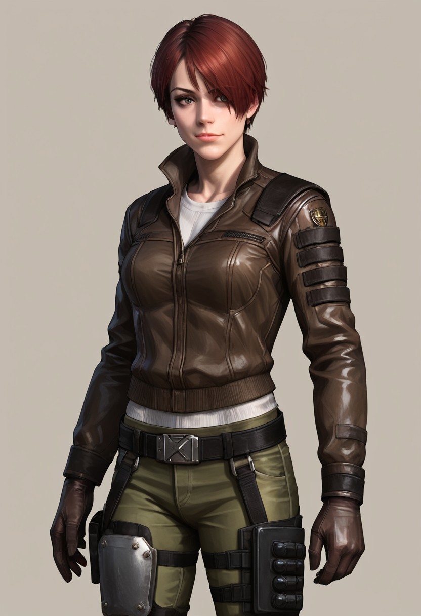 Score_9_up, score_8_up, score_7_up, score_6_up, source_realistic, cowboy shot, BREAK tweedre, red hair, short hair, hair over one eye, brown leather jacket, green pants, knee pads, belt, holsters, gloves,
