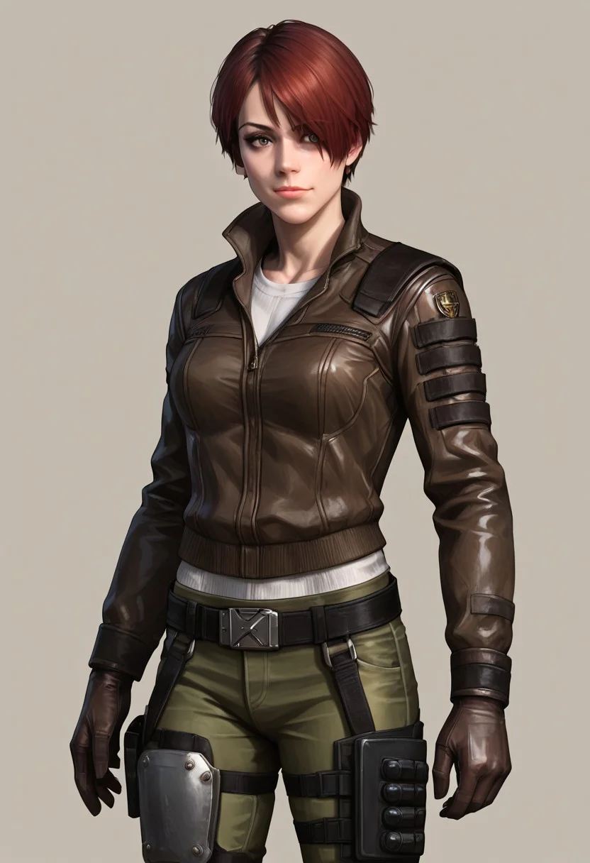 Score_9_up, score_8_up, score_7_up, score_6_up, source_realistic, cowboy shot, BREAK tweedre, red hair, short hair, hair over one eye, brown leather jacket, green pants, knee pads, belt, holsters, gloves,