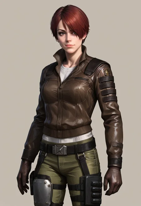 Score_9_up, score_8_up, score_7_up, score_6_up, source_realistic, cowboy shot, BREAK tweedre, red hair, short hair, hair over one eye, brown leather jacket, green pants, knee pads, belt, holsters, gloves,