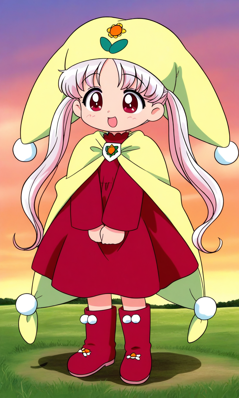general,highres, ultra-detailed,very aesthetic,best quality ,best hands, BREAK <lora:Princess_Silver_Crayon_Oukoku_Ver2.0_IS:0.9>
Silver_Oujo(Crayon_Oukoku), 1girl, solo, long hair, white hair, pink hair, red eyes,
yellow headwear, twintails, parted bangs,
red dress, boots, pom pom (clothes),
sulking,
full body, open mouth, red dress, :d, 
long sleeves, red footwear, v arms, 
hair bun, standing,
grass, sky, fantasy,