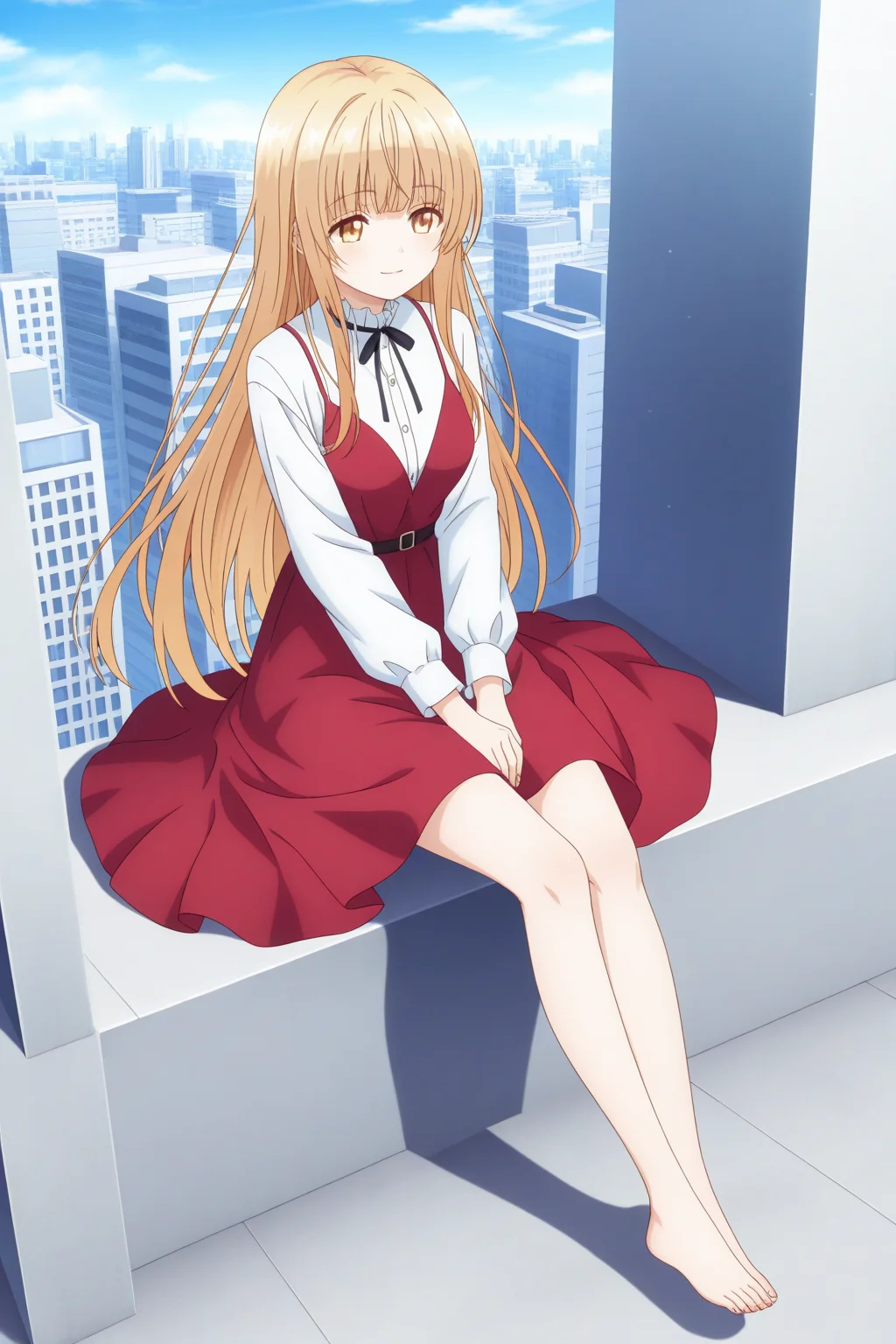 (red dress white shirt long sleeves:1.50),
an-mahiru, yellow eyes, blonde hair, sidelocks,
medium breasts, 1girl, solo, skinny,
(masterpiece, best quality, absurdres, high quality, highres, anime, anime style),
BREAK,
(light smile:1.40),
BREAK,
(city:1.10),
BREAK,
(full body:1.20),
BREAK,
(feet:1.20),
(long hair:1.20)
<lora:an-mahiru-V01-illXL-000001:0.80>