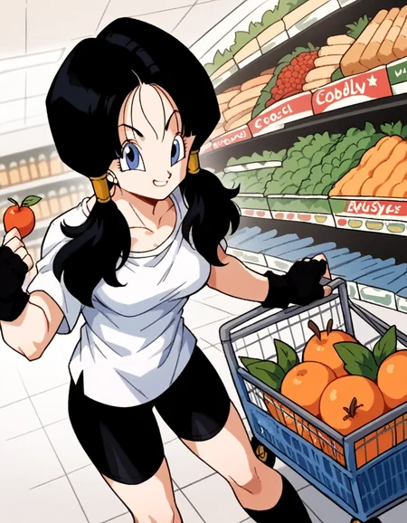score_9, score_8_up, score_7_up, source_anime, <lora:dbz-videl-anime-ponyxl-lora-nochekaiser:1>, videl, black hair, blue eyes, eyelashes, parted bangs, twintails, medium breasts,, bike shorts, black gloves, black legwear, collarbone, fingerless gloves, gloves, shirt, short sleeves, white shirt,, grocery store, shopping cart, picking fruits, everyday life,, smile, looking at viewer, solo,, cowboy shot, dutch angle
