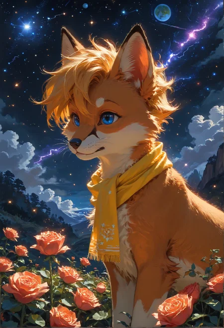 detailed background,Cinematic Lighting,film grain,score_9,score_8_up,score_7_up,zPDXL2,masterpiece,best quality,highly detailed,glowing,hand person,Expressiveh, <lora:(增强)sdxl_lightning_8step_lora:1>,<lora:glowneon_xl_v1:1>, <lora:(增强)Hands XL 4:1>,<lora:(增强)Expressive_H-000001:0.8>, <lora:Vixon\Vixon's Pony Styles Astro:0.8> , little prince, a rose, a fox, little planet, night sky, universe, yellow scarf, yellow hair, 4str0,star \(sky\), earth \(planet\), planet,