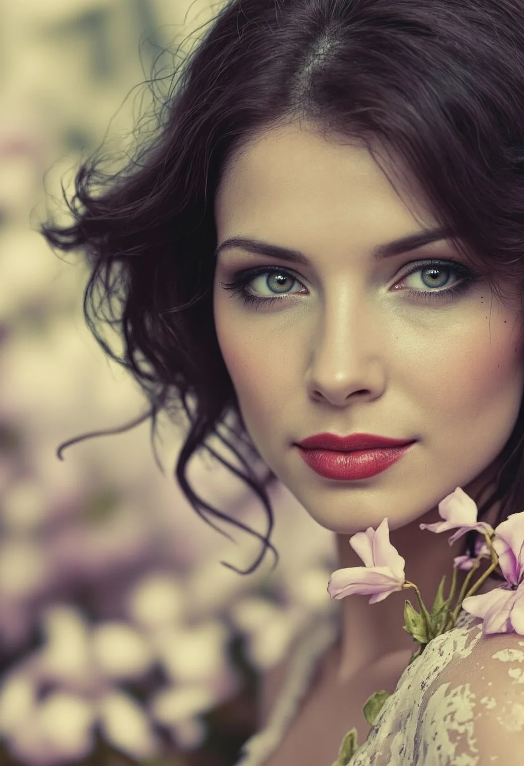 Mucha style portrait, graphical photographical portrait, most beautiful model, elegant, femme fatale, Italian 30 years old girl, voluptuous, very feminine. Stern look, (pale gothic makeup with dark red open lips). Joyful but authoritative, strict, candid expression, messy brunette haircut, candid pose, deep blue eyes, looking viewer over the shoulder with a penetrating gaze, face skin imperfections: eye bags, wrinkles, freckles, pores. 