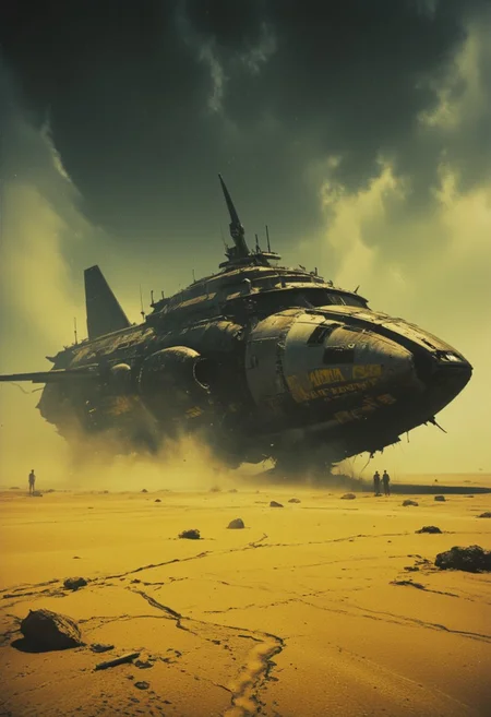 Muted yellow, gray, and black tones dominate the scene, evoking a dystopian, industrial atmosphere. Retro scan of an 80s sci-fi book, lofi, grainy, melancholic yet hyper-detailed, cinematic. A digital painting in the style of ck-js: A colossal, technologically complex spaceship lies stranded in the middle of a desolate, cracked wasteland. Its intricate, black-and-gray hull is battered and scorched, with sections torn apart, exposing tangled mechanical innards and fading yellow hazard markings. The ship looms over the barren landscape like a beached leviathan, its towering silhouette casting long, menacing shadows across the ground. Surrounding the wreck is a lifeless desert of fractured, dusty yellow and gray earth, dotted with scattered debris from the ship's catastrophic landing. The horizon is hazy, blending seamlessly into a dark, overcast sky, where storm clouds churn and faint beams of pale light struggle to break through. Cinematic lighting bathes the scene in a somber glow, with swirling dust and subtle volumetric effects emphasizing the sheer scale of the wreckage. The atmosphere is heavy with a sense of abandonment and decay, enhanced by soft shadows, shallow depth of field, and a gritty film grain that lends the image an aged, retro-futuristic texture. A haunting reminder of technological ambition lost to ruin.