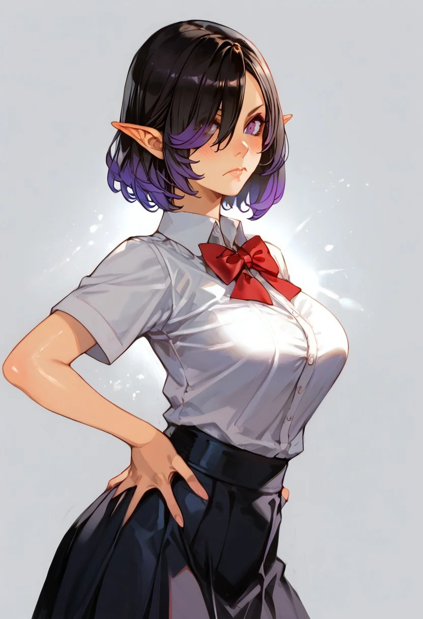 score_9, score_8_up, score_7_up, score_6_up, score_5_up, score_4_up, detailed, intricate details, source_anime, , (best quality) , (highly detailed) ,((masterpiece)), ((best quality)), (ultra-detailed), ((extremely detailed)), (high resolution), 4K, (8K), best quality, (beautiful), (dynamic lighting), (super detailed skin), sharp focus, (1_girl, solo focus), score_9,score_8_up,score_7_up,anime coloring, skyexl, 1girl, Skye, pointy ears, gradient hair, or black hair, purple eyes, breasts, solo, hair over one eye, large breasts, eye lashes ,lips, shiny skin, school uniform, red bowtie, white shirt, black skirt, hands on hips, frown, blush, looking at viewer,
 detailed face and detailed skin <lora:add-detail-xl:1.0> ,(((feminine bodies))),(((perfect anatomy))),