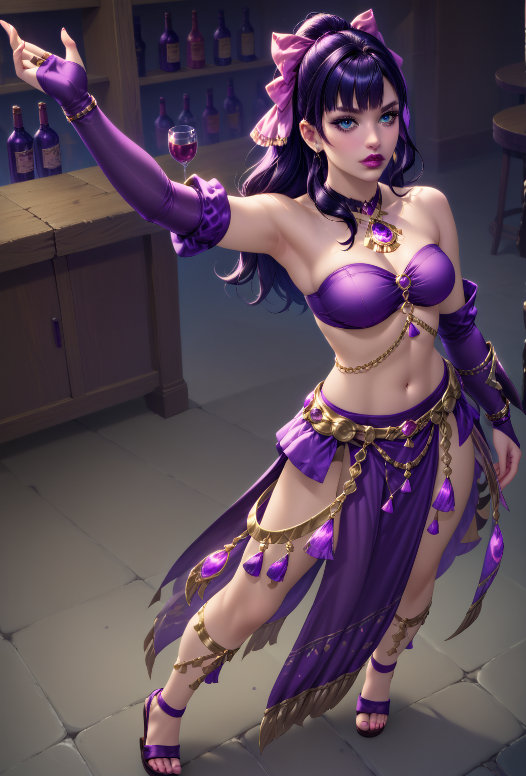 zPDXL ,score_9, score_8_up, score_7_up, <lora:RealisticAnime:1> (ultra realistic, 32k, masterpiece:1.2), (high detailed skin:1.1), (high quality:1.1), 1girl, solo, full body, dancing, tavern, BREAK gaia \(ff14\), black hair, blue eyes, lips, <lora:Gaia_FFXIV:.8>, medium breasts, BREAK dncaf, bandeau, bridal gauntlets, skirt, pelvic curtain, sandals, bow, hair bow, jewelry, bare shoulders, navel, midriff, (purple clothing:1.5) <lora:FFXIV_Dancer_Job_Outfit_Lmt:1>