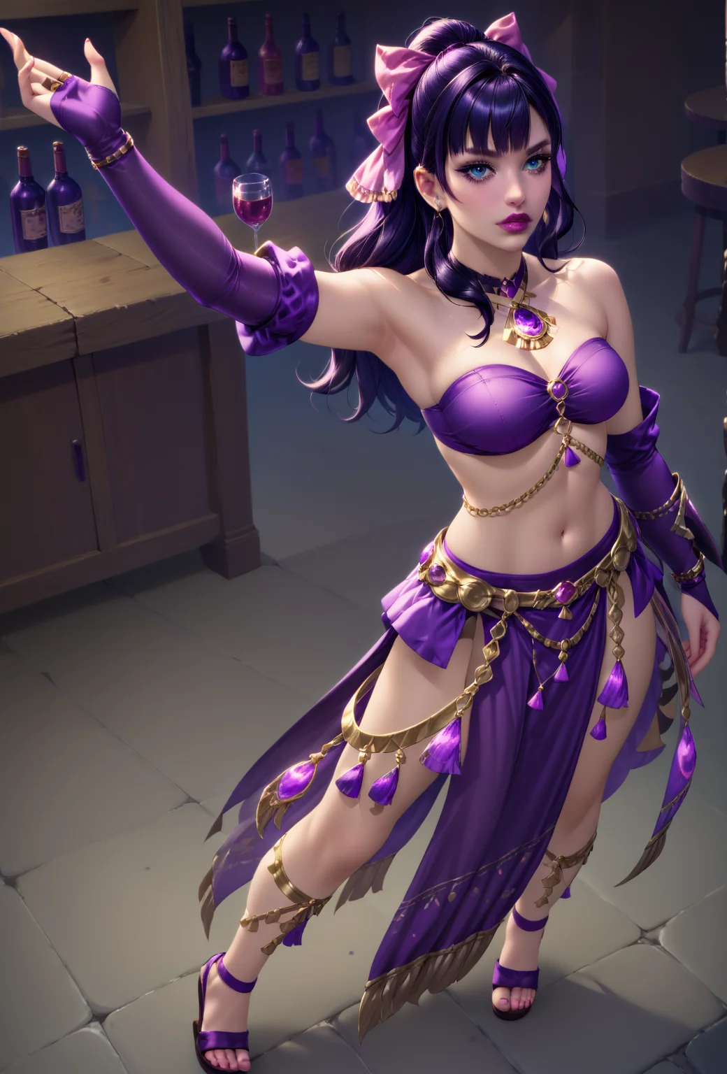 zPDXL ,score_9, score_8_up, score_7_up, <lora:RealisticAnime:1> (ultra realistic, 32k, masterpiece:1.2), (high detailed skin:1.1), (high quality:1.1), 1girl, solo, full body, dancing, tavern, BREAK gaia \(ff14\), black hair, blue eyes, lips, <lora:Gaia_FFXIV:.8>, medium breasts, BREAK dncaf, bandeau, bridal gauntlets, skirt, pelvic curtain, sandals, bow, hair bow, jewelry, bare shoulders, navel, midriff, (purple clothing:1.5) <lora:FFXIV_Dancer_Job_Outfit_Lmt:1>