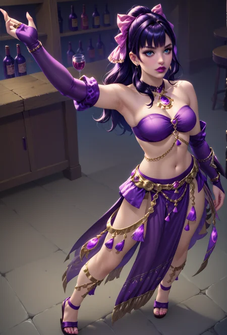 zPDXL ,score_9, score_8_up, score_7_up, <lora:RealisticAnime:1> (ultra realistic, 32k, masterpiece:1.2), (high detailed skin:1.1), (high quality:1.1), 1girl, solo, full body, dancing, tavern, BREAK gaia \(ff14\), black hair, blue eyes, lips, <lora:Gaia_FFXIV:.8>, medium breasts, BREAK dncaf, bandeau, bridal gauntlets, skirt, pelvic curtain, sandals, bow, hair bow, jewelry, bare shoulders, navel, midriff, (purple clothing:1.5) <lora:FFXIV_Dancer_Job_Outfit_Lmt:1>