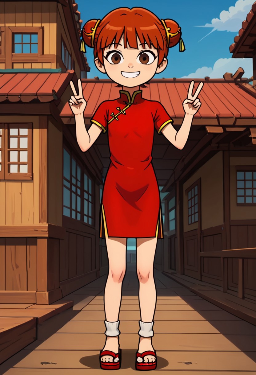 score_9, score_8_up, score_7_up, 1girl, solo, Fiore_DC, light skin, brown eyes, red hair, short hair, Double bun, bun cover, bangs, white socks, sandals, Chinese clothes, China dress, red cheongsam
big eyes, young, petite, small body, short body, child, flat chested, social smile, perfect eyes, perfect smile, looking at the viewer, detailed eyes, perfect eyes, standing, five fingers, perfect hands, hands sign peace, futuristic oedo town, blue sky, daytime, good weather, nice