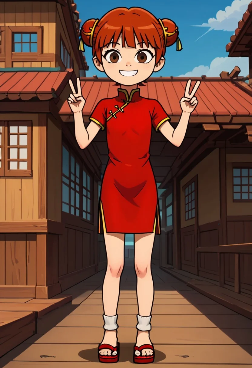 score_9, score_8_up, score_7_up, 1girl, solo, Fiore_DC, light skin, brown eyes, red hair, short hair, Double bun, bun cover, bangs, white socks, sandals, Chinese clothes, China dress, red cheongsam
big eyes, young, petite, small body, short body, child, flat chested, social smile, perfect eyes, perfect smile, looking at the viewer, detailed eyes, perfect eyes, standing, five fingers, perfect hands, hands sign peace, futuristic oedo town, blue sky, daytime, good weather, nice