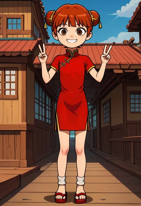 score_9, score_8_up, score_7_up, 1girl, solo, Fiore_DC, light skin, brown eyes, red hair, short hair, Double bun, bun cover, bangs, white socks, sandals, Chinese clothes, China dress, red cheongsam
big eyes, young, petite, small body, short body, child, flat chested, social smile, perfect eyes, perfect smile, looking at the viewer, detailed eyes, perfect eyes, standing, five fingers, perfect hands, hands sign peace, futuristic oedo town, blue sky, daytime, good weather, nice