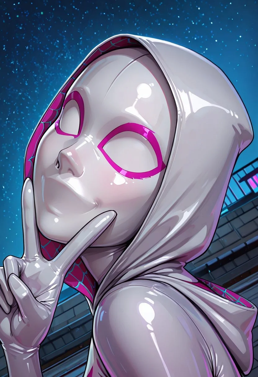 1girl, solo, gwen stacy, side view, face focus, ((spidergwen, ghost-spider, mask, costume)), pink eye outlines, pink eye trim, white eyes, aestetic, hooded bodysuit, hood up, masterpiece, best quality,  mouth imprint, absurdres, faceless, highres, cartoon, white face, (ltxdoll, lip imprints), (smiling), silly, funny, peace sign, looking at viewer, dynamic angle, dynamic pose, vibrant colors, skintight, shiny, latex, vibrant colors, wallpaper, (starry sky), moody, rooftop, stunning, cinematic lighting, night, seamless, smooth shading, high contrast shading, bold outlines,