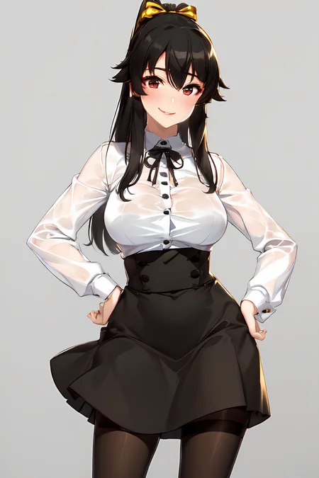 chobi, hair ribbon, sidelocks,
virgin killer outfit, high-waist skirt, standing, pantyhose, cowboy shot, grey background,
1girl, pointing at viewer, hand on hip, light smile,
<lora:VirginKillerOutfit:1>, <lora:Chobi:0.8>