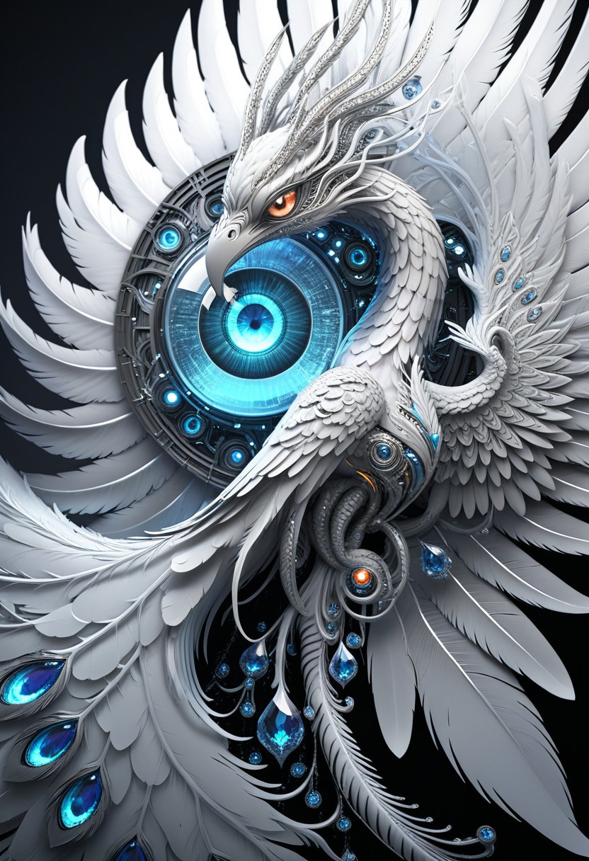 masterpiece, (best quality), official art, extremely detailed cg 8k wallpaper, ((crystalstexture skin)), (extremely delicate and beautiful), highly detailed, WhiteMold, futuristic phoenix, 3D-printed feather plates, translucent crystalline texture, emerging from liquid resin, glowing eyes, cyber-mythology