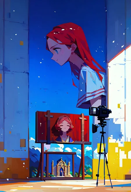 score_9, score_8_up, score_7_up,  
An image of a cute girl in liminal soviet room, (oil on canvas:0.1), girl ,analog photo, full body, in camera frame, pale skin, tall height, against the background of the Russian Orthodox Church, blue sky, sunny day, epic clouds, art by Jeremy Mann, god rays, dramatic light, natural pubic hair, long bob-cut hair, shiny oiled skin, pale skin, red hair slightly curly hair, oxygen-rich air and sheltered atmosphere, snowy, aesthetic of hard edge painting, symmetry and balance, pioneering unparalleled masterwork with superior details, terracotta and lapis lazuli colors