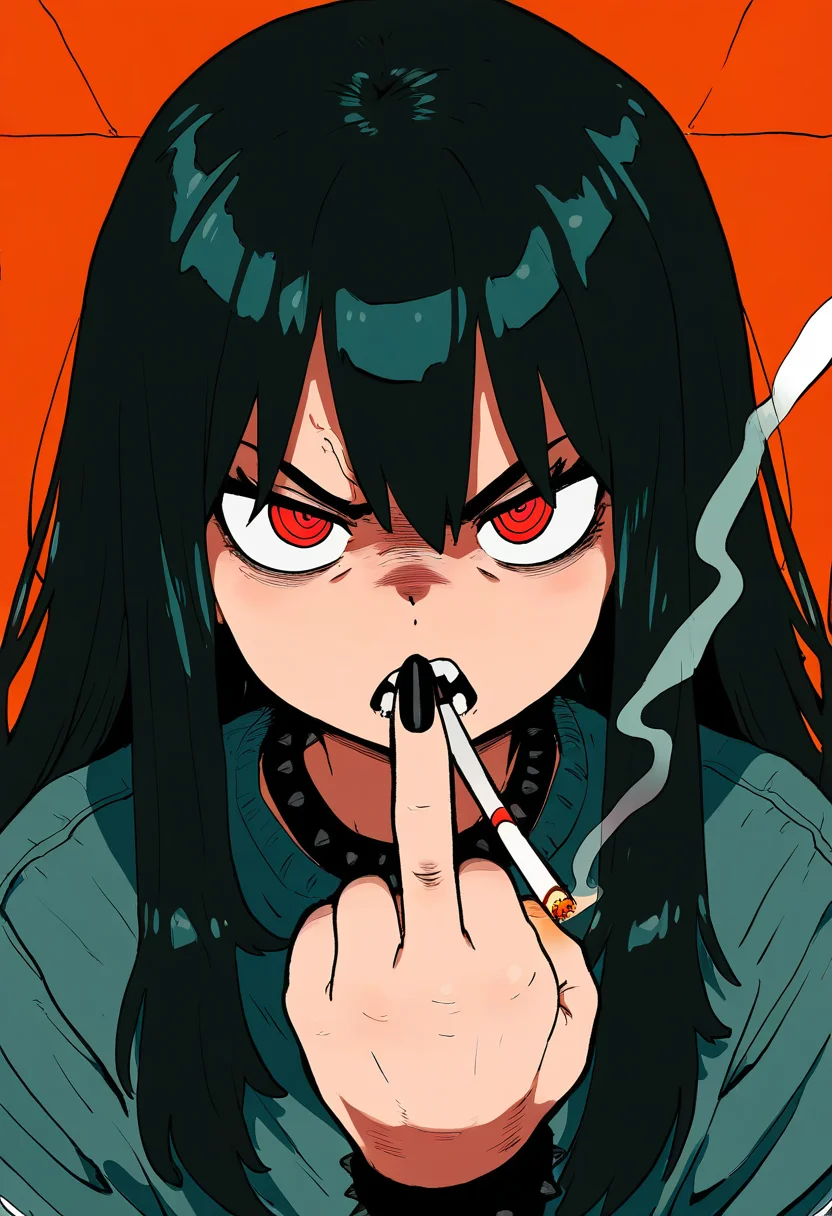 denslowwwooz, masterpiece, best quality, absurdres, highres, new, amazing quality, 1girl, punk, middle-finger, smoking-cigarette, angry, looking-at-viewer, straight-on, portrait