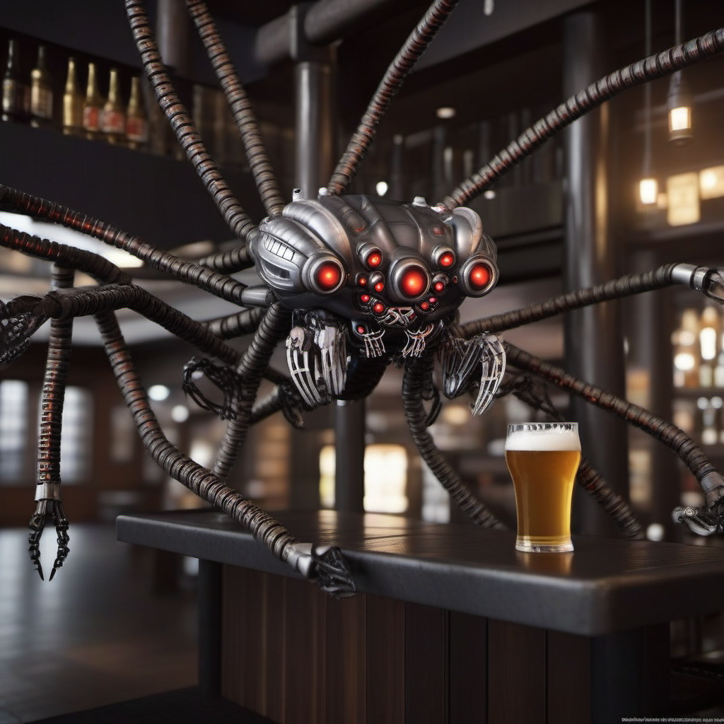 SentinelsMatrix1024, a robot spider having a beer in a pub , highly detailed, photography, ultra sharp, film, bokeh, professional, 64k  <lora:SentinelsMatrix1024:0.8>