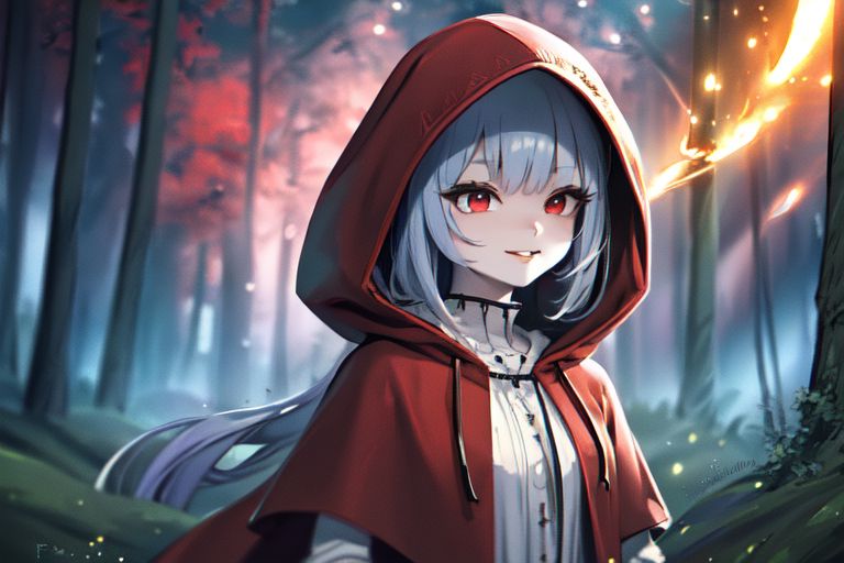 (masterpiece:1.4), 4K8K, (anime style), (high shutterspeed:1.4), (sharp edges), 
SyFyEye1, FanFo, upper body, 
woman leaning foward, smile, closed mouth, wearing red hooded cloak, linen dress, red eyes, 
(Detailed face, Detailed eyes, Detailed lips), (solo), 
Fantastic Forest at fantasy, Fantastic,
