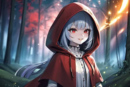 (masterpiece:1.4), 4K8K, (anime style), (high shutterspeed:1.4), (sharp edges), 
SyFyEye1, FanFo, upper body, 
woman leaning foward, smile, closed mouth, wearing red hooded cloak, linen dress, red eyes, 
(Detailed face, Detailed eyes, Detailed lips), (solo), 
Fantastic Forest at fantasy, Fantastic,