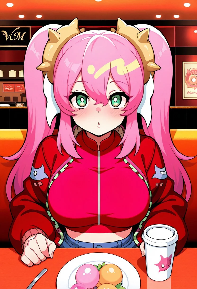 1girl, LiveTwinKi-sikilYu-Gi-Oh, general, solo, pov dating, straight-on, long hair, pink hair, twintails, large breasts, spike, red jacket, open jacket, crop top, dating, sitting, looking at viewer, restaurant, table, cup, , masterpiece, best quality, amazing quality, (( blowing pink bubblegum )),<lora:kp_LiveTwinKi-sikilLil-laYu-Gi-OhIllustrious_v1_0:1.0>