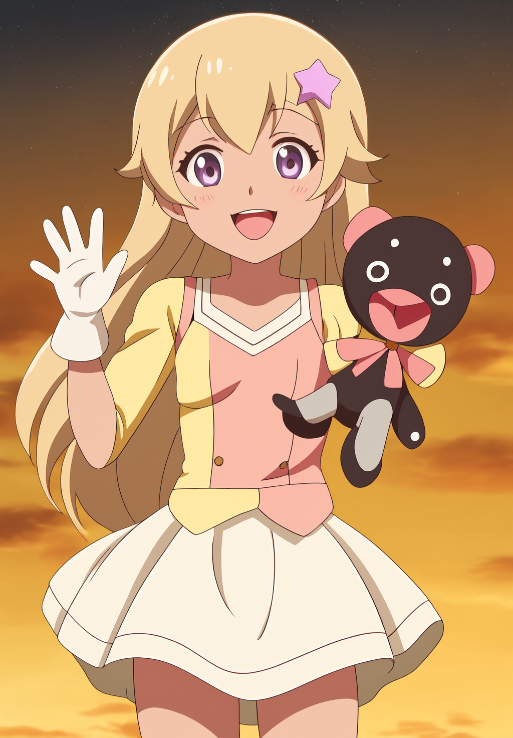 <lora:Funicia_Raffaeli:0.6>, Funicia_Raffaeli, 1girl, smile, open mouth, skirt, gloves, :d, star (symbol), star hair ornament, puppet, anime coloring, hand puppet