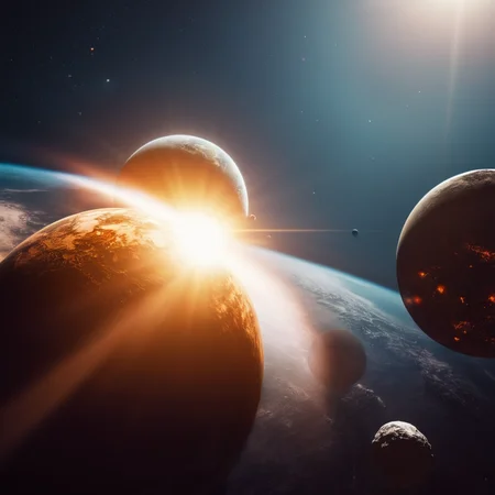 cinematic film still of <lora:collision style:1>
A collision of a group of planets with a sun in the background,no humans,star (sky),scenery,science fiction,space,planet,earth (planet) , impact, crash, explosion, destruction, strike, wreck, smash, planet, outer-space, galaxy, cinematic, film, different color, real, collision style, shallow depth of field, vignette, highly detailed, high budget, bokeh, cinemascope, moody, epic, gorgeous, film grain, grainy