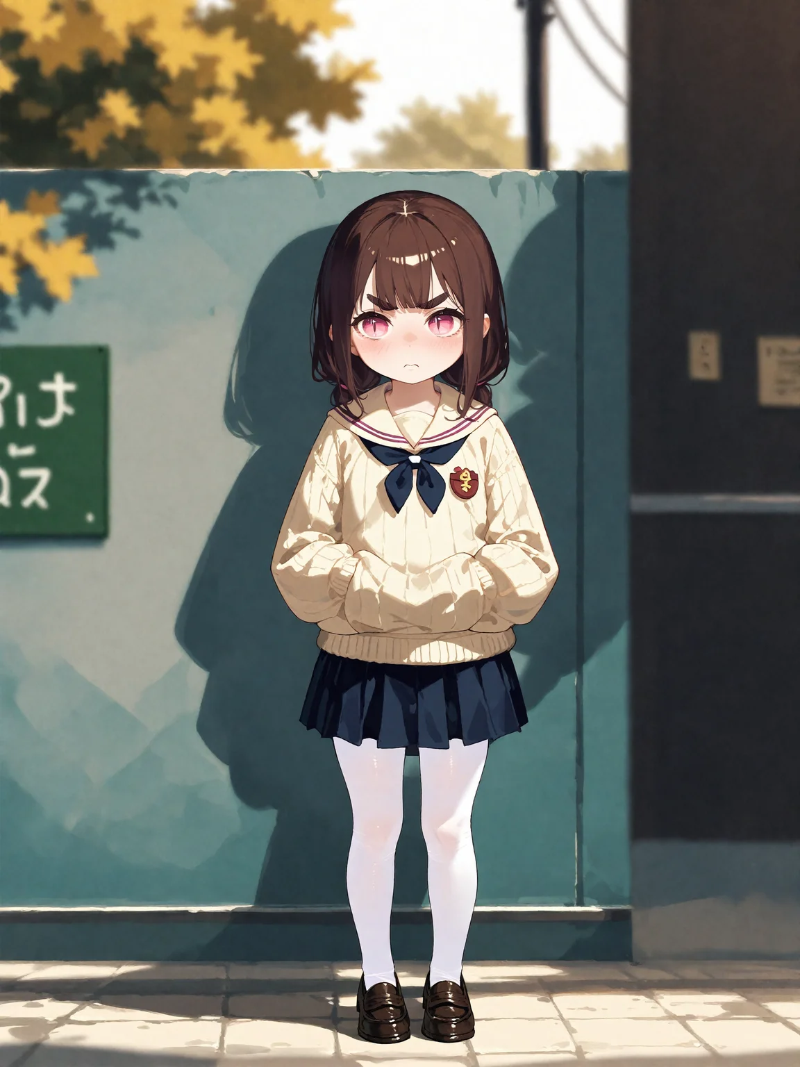 (score_9,score_8_up,score_7_up),
((1child girl)),mesugaki,fair_skin,hime cut,brown hair,thick eyebrows,gradient eyes,pink eyes,slit_pupils,expressive_clothes,white serafuku,light yellow sweater,thick white_pantyhose,
thick_thighs,pettiskirt,depth of field,black_loafers,indoor,front view,((full body)),facing_away,looking_away,grap the skirt,standing in front of a blackboard,blush,tsundere,