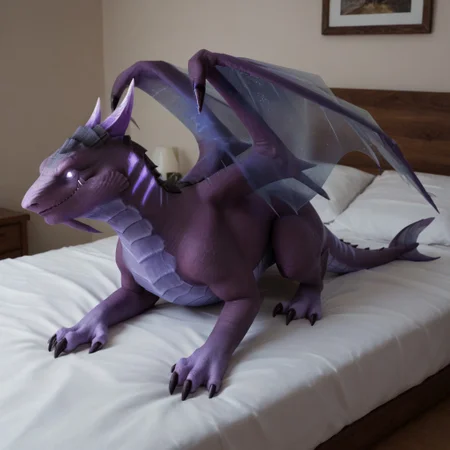 score_9, score_8_up, score_7_up, score_6_up, score_5_up, score_4_up, masterpiece, high quality, realistic, detailed, best quality, white bed, solo, rating_safe, source_furry, bedroom, smiling, seductive, looking at viewer, lying on belly, feral, detailed eyes, netherdrake_wc, dragon, scales, wings, forked tail, claws, glowing eyes, purple scales, translucent wings