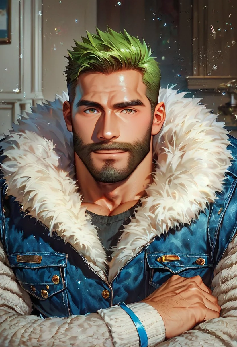score_9,score_8_up,score_7_up, score_9, score_8_up, Intricate Details, Masterpiece, Best Quality, 1man, mature, bara, solo, male focus, bulky, correct anatomy, perfect hands, stylized seinen anime style, lots of details, shaded skin, shaded, detailed shading, detailed skin, counter shading, tan skin, bodybuilder, dressed for the cold, fur jacket, long sleeves, snow falls, green hair, brown colored eyes, masculine features, older man, full beard, tour guide