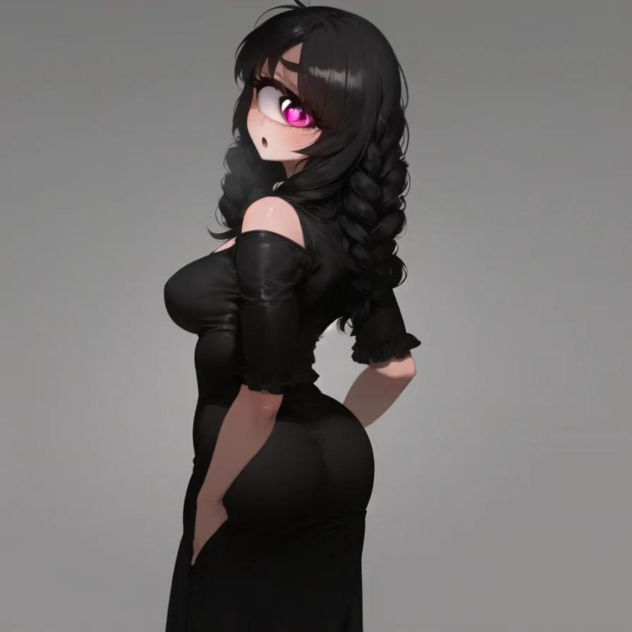 masterpiece, best quality, ultra-detailed, illustration, Solo, (1girl), (cyclops), (one eye), red eyes, fluffy hair, black long hair, braids, large breasts, looking at viewer, facing viewer, cowboy shot, full body, :o, from behind, simple background