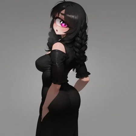masterpiece, best quality, ultra-detailed, illustration, Solo, (1girl), (cyclops), (one eye), red eyes, fluffy hair, black long hair, braids, large breasts, looking at viewer, facing viewer, cowboy shot, full body, :o, from behind, simple background
