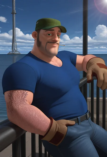 1boy, day, sunlight, leaning back, (upper body), light smile, looking at viewer, against railing, facing viewer, casual, hand in pocket, holding match in mouth,
BREAK
truckdriver, 3d, mature male, plump, green eyes, thick arms, arm hair, arm tattoo, chest hair, short hair, mustache, beard stubble, long sideburns, thick eyebrows, pectorals,
BREAK
blue shirt, short sleeves, green headwear, brown gloves, jeans,
BREAK
blue sky, horizon, ocean, outdoors, cloudy sky, space elevator, outdoors,
BREAK
best quality, masterpiece, very aesthetic, absurdres, highest detailed, very awa, <lora:Truck_driver_from_The_Son_of_Bigfoot_v0.1:1>