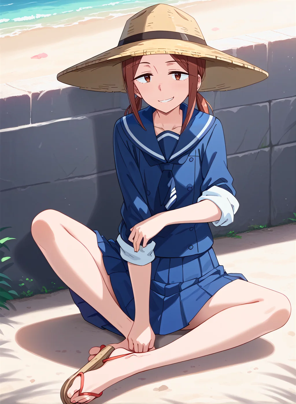 score_9,score_8_up,score_7_up,source_anime,anime,nsfw,rating_explicit,uncensored,High quality,Ultra detailed,best quality,insanely detailed,beautiful,masterpiece,perfect lighting BREAK
<lora:kuroiwa_yuki_V1:1>,(kuroiwa_yuki, brown hair, brown eyes, medium hair,low twintails, sidelocks,winter uniform, sailor collar,serafuku,blue shirt,long sleeves, blue skirt, pleated skirt, barefoot,sandals),1girl,solo,smirk,sitting,outdoors,embankment,sea,looking_at_viewer,from_above,sleeves rolled up,straw hat,