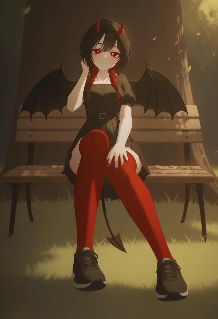masterpiece,best quality,newest,incredibly absurdres,very aesthetic,absurdres,very awa,highres,detailed background,(tree:1.6),(falling leaves:1.6),(detailed high grass:1.6),
<lora:VikiHaos:0.7>,VikiHaos,oni horns,demon wings,demon tail,red eyes,black hair,twin red braids,makeup,medium breasts,colored eyelashes,thick eyelashes,glowing eyes,
cinematic light,muted color,sharp focus,rich colors,3/4 view,volumetric lighting,solo focus,depth of field,backlighting,sunlight,raytracing,(dappled sunlight:1.6),day,portrait,partially colored,
posing,dynamic pose,dynamic angle,looking at viewer,sitting,from above,lineart,colored lineart,
detailed black dress,park,park bench,red black striped thighhighs,seductive smile,(nose blush:0.6),(heavy breathing:0.6),head tilt,long pleated skirt,puffy short sleeves,black sneakers,hand on own head,hand on own knee,
<lora:KonyaKarasue:0.4>,konya karasue,<lora:add-detail-xl:0.35>,
