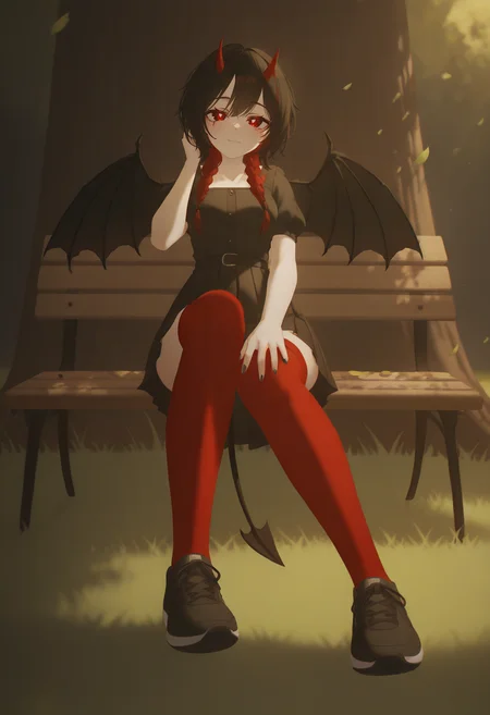 masterpiece,best quality,newest,incredibly absurdres,very aesthetic,absurdres,very awa,highres,detailed background,(tree:1.6),(falling leaves:1.6),(detailed high grass:1.6),
<lora:VikiHaos:0.7>,VikiHaos,oni horns,demon wings,demon tail,red eyes,black hair,twin red braids,makeup,medium breasts,colored eyelashes,thick eyelashes,glowing eyes,
cinematic light,muted color,sharp focus,rich colors,3/4 view,volumetric lighting,solo focus,depth of field,backlighting,sunlight,raytracing,(dappled sunlight:1.6),day,portrait,partially colored,
posing,dynamic pose,dynamic angle,looking at viewer,sitting,from above,lineart,colored lineart,
detailed black dress,park,park bench,red black striped thighhighs,seductive smile,(nose blush:0.6),(heavy breathing:0.6),head tilt,long pleated skirt,puffy short sleeves,black sneakers,hand on own head,hand on own knee,
<lora:KonyaKarasue:0.4>,konya karasue,<lora:add-detail-xl:0.35>,