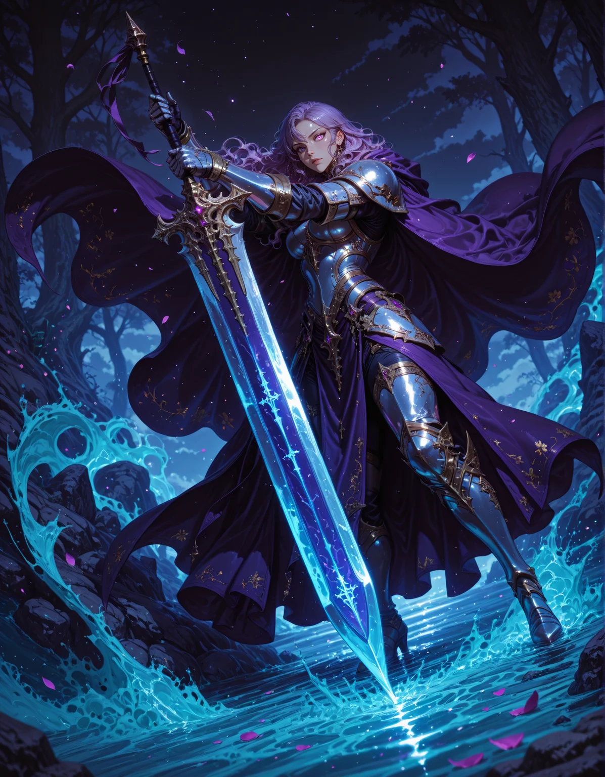 masterpiece, best quality,high quality, newest, highres,8K,HDR,absurdres, 1girl, solo, long wavy hair, heterochromia, purple eyes, enchanted sword, floating petals, silver armor, intricate patterns, ethereal glow, holding sword, armored gauntlets, high fantasy, flowing cape, standing on water, floral motifs, blue and gold palette, celestial symbols, moonlit background, misty environment, depth of field, dramatic lighting, mystical aura, detailed background, dynamic pose, foreshortening, fantasy illustration, glowing runes, limited palette, elegant battle stance, cinematic shot., detailed background, dynamic pose, dynamic composition,dutch angle, detailed backgroud,foreshortening,blurry edges <lora:iLLMythG0thicL1nes:1> G0thicL1nes