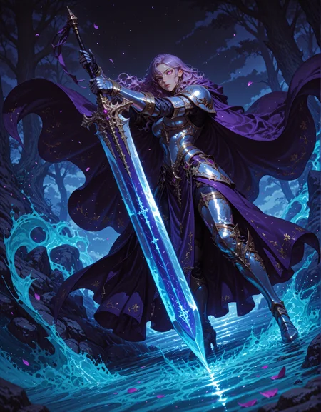 masterpiece, best quality,high quality, newest, highres,8K,HDR,absurdres, 1girl, solo, long wavy hair, heterochromia, purple eyes, enchanted sword, floating petals, silver armor, intricate patterns, ethereal glow, holding sword, armored gauntlets, high fantasy, flowing cape, standing on water, floral motifs, blue and gold palette, celestial symbols, moonlit background, misty environment, depth of field, dramatic lighting, mystical aura, detailed background, dynamic pose, foreshortening, fantasy illustration, glowing runes, limited palette, elegant battle stance, cinematic shot., detailed background, dynamic pose, dynamic composition,dutch angle, detailed backgroud,foreshortening,blurry edges <lora:iLLMythG0thicL1nes:1> G0thicL1nes