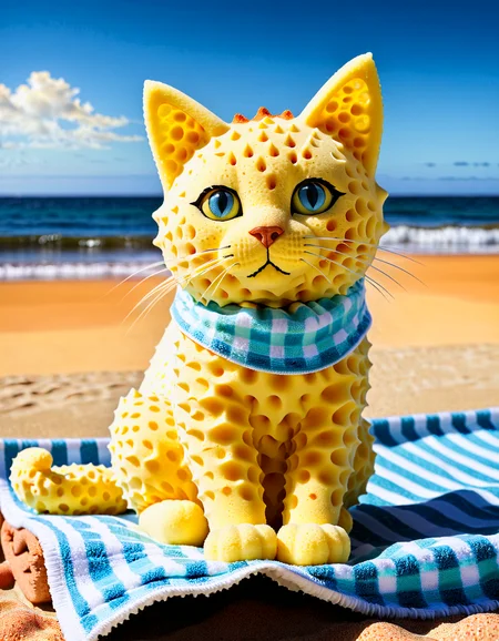 Photorealistic, a sponge cat sitting on a beach towel at the seaside. The cat is made entirely of sponge material, with a soft yellow color and visible sponge pores. The background features a sandy beach, ocean waves, and a bright blue sky. The lighting is natural and bright, with sunlight casting soft shadows on the sponge cat. The camera shot is a wide shot, capturing the sponge catâs pose and the detailed beach setting.
<lora:SDXLHighDetail_v5:1>